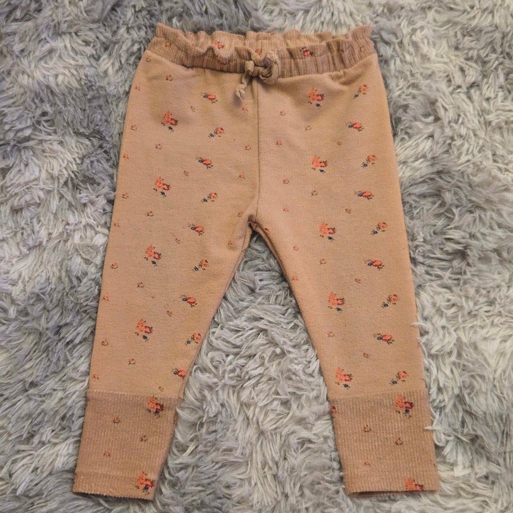 Zara Baby Floral Knit Leggings Tan Beige Flower Print Ribbed Cuffs 12-18 Months‎